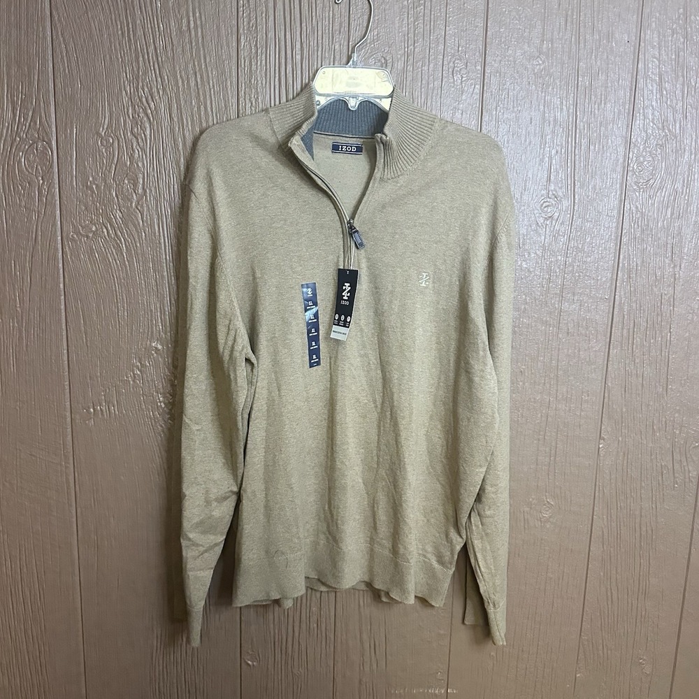 NWT IZOD Men's Quarter Zip Fleece Pullover Khaki Size XL Career Wear Golf Attire